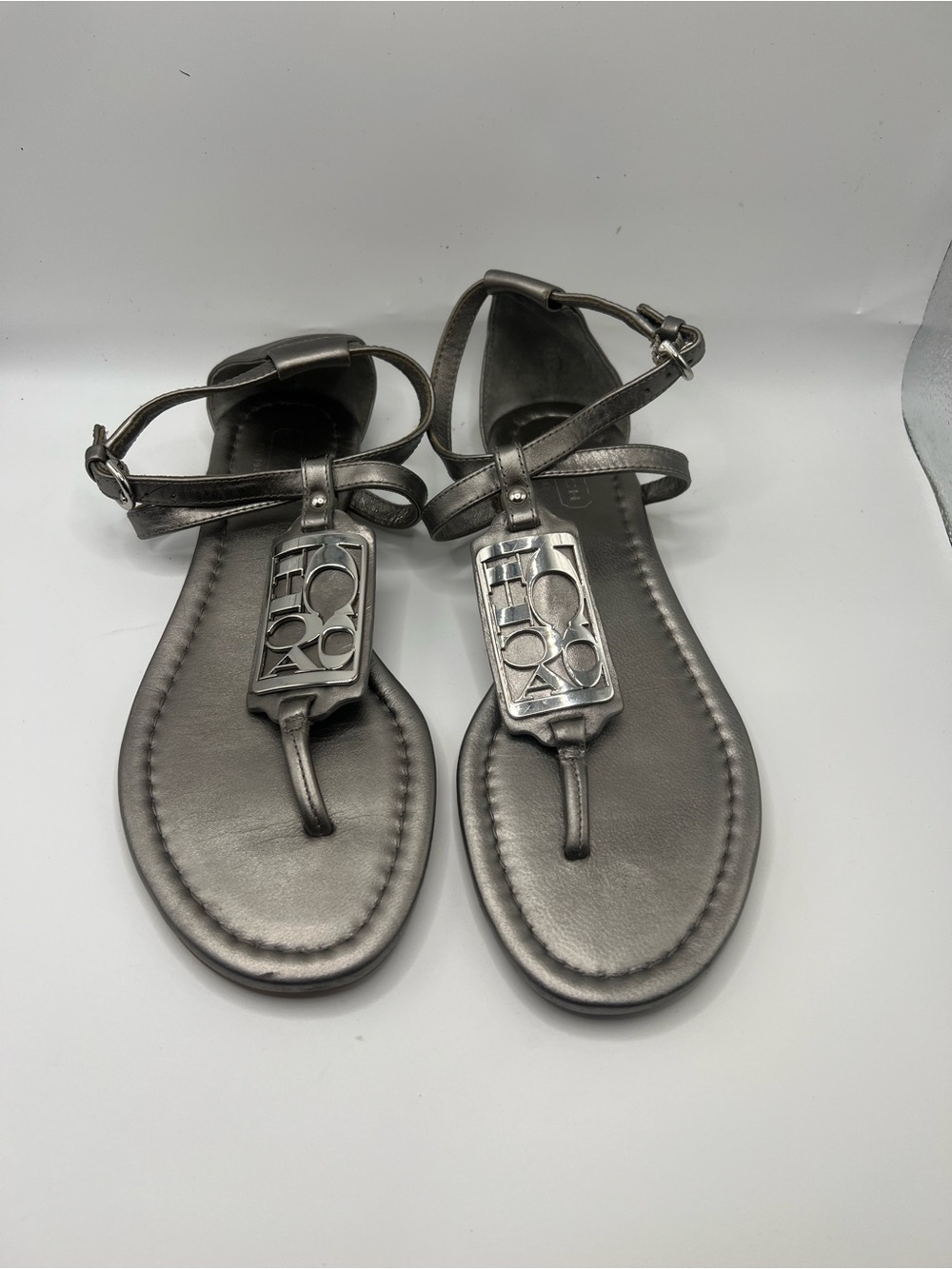 Coach Metallic Pewter Logo T-Strap Sandals